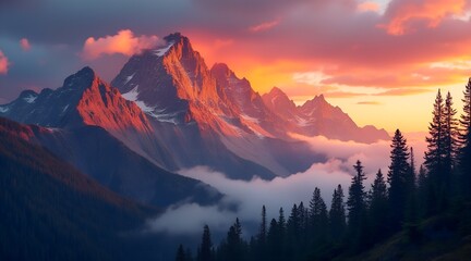 Majestic mountain range bathed in the warm glow of a vibrant sunset, with clouds swirling around the peaks and pine trees silhouetted against the colorful sky