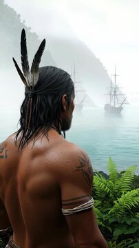 Indigenous man with feathers watches ships arrive offshore, tropical island setting, mist veiled mountains