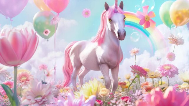 A fantasy-themed featuring a unicorn amidst colorful flowers and floating balloons under a rainbow.