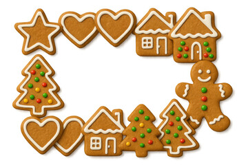Gingerbread cookies frame with festive christmas shapes, perfect border for holiday season greetings and designs on a transparent background