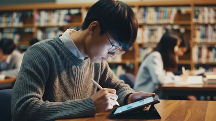 Focused student deeply engaged with a digital tablet and stylus in a quiet library, embodying modern learning and dedicated academic pursuit among - Powered by Adobe