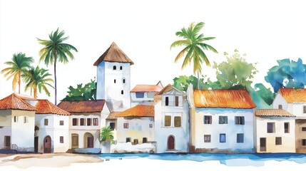 Obraz premium Lamu Old Town. Lamu Old Town hand drawn watercolor illustration on white background