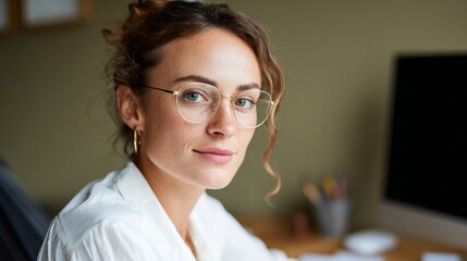 Woman wearing glasses, sitting at a desk in an office.