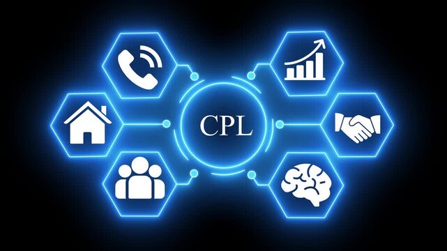 Glowing Hexagonal Network with C P L Central and Symbols for Technology and Business Concepts CPL central technology concepts