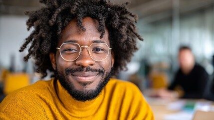 Man in yellow shirt smiling at camera.