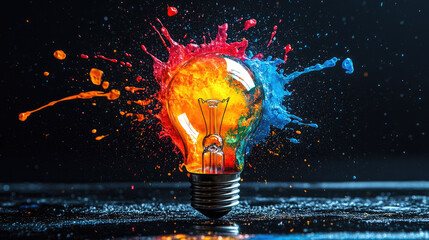 Light bulb exploding with vibrant colorful paint and powder, representing innovation, bright ideas, creativity, artistic expression, big bang, inspiration, and discovery