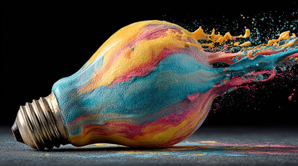 Light bulb exploding with vibrant liquid paint, creating a dynamic splash illustrating the moment of a brilliant idea or sparking creative innovative thought