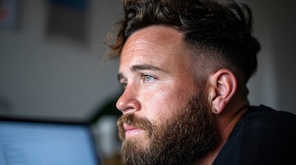 Obraz premium Man with beard and mustache looking intently at something off-camera.