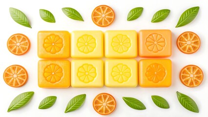 Arrangement of colorful soaps with citrus slices and green leaves on white background