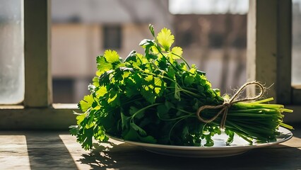 Fresh bunch of green herbs tied with twine on a plate by a window