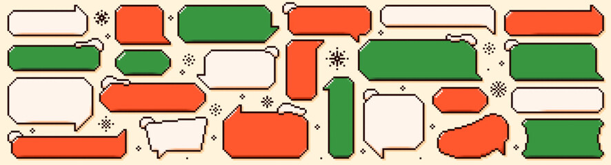 Set of Christmas pixel art empty speech bubbles. Red and green text clouds with snowy peaks and festive phrases.