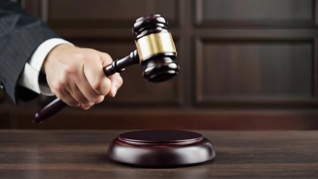 A close-up of a hand holding the gavel with the person wearing a suit and tie. The background is blurred but appears to be a courtroom or legal office.