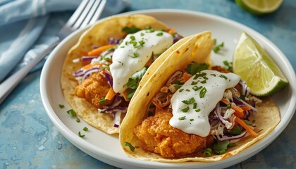 Fototapeta premium Two delicious crispy fried fish tacos served on soft corn tortillas, topped with a colorful shredded cabbage and carrot slaw, a drizzle of white crema or sour cream, and garnished with fresh cilantro.