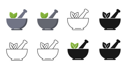 A collection of eight mortar and pestle icons with leaves, depicted in various styles including flat, filled, and outline designs.