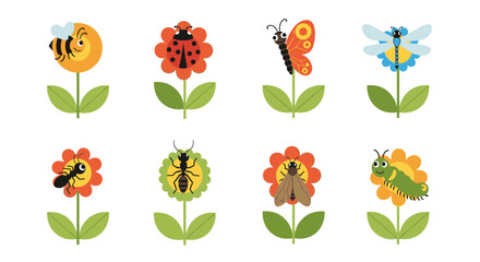 Cute cartoon insects on colorful flowers, a collection of various bugs and their floral habitats.