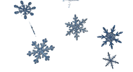 extreme macro shot of detailed sterling silver and sapphire blue snowflakes (dendritic, plate crystals) drifting slowly on a transparent background with bokeh, vast negative space. concept of refined