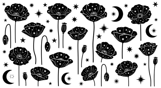 Black silhouette illustration of mystical poppies, stars, and crescent moons on a white background, creating a magical and witchy floral pattern.