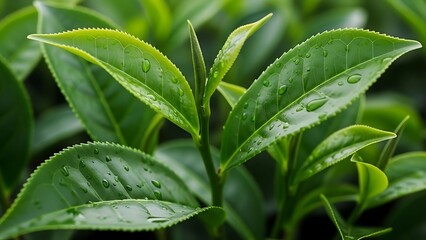 Fresh green tea leaves with water droplets close up macro