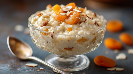 Creamy dessert made with rice and dried fruit served in a glass bowl on a table
