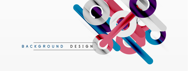 Abstract geometric shapes overlap, creating dynamic visual effect. Pink, blue, purple hues dominate white background. Modern design element.
