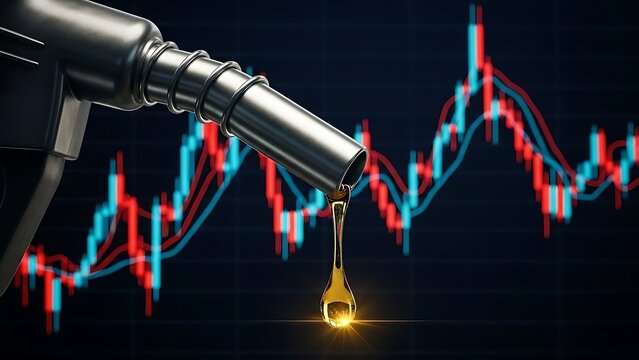 Gasoline pump nozzle with oil drop and financial market graph background