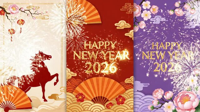 Festive happy new year 2026 greeting card designs in red orange and purple