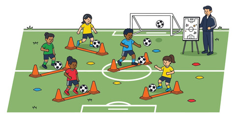 Dynamic youth soccer training session featuring diverse children practicing dribbling drills with an attentive coach on a vibrant green field, fostering skill development and teamwork