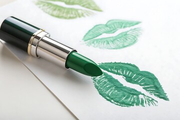 Green lipstick tube creating vibrant kiss marks on a white surface with a subtle metallic sheen