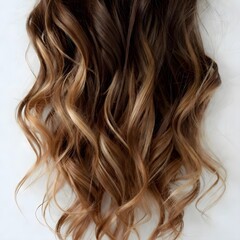 Naklejka premium Natural brown wavy hair texture with soft highlights, elegant salon hairstyle detail, beauty and fashion concept, clean studio background. 