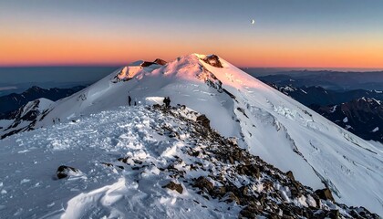 Sunrise illuminates a snow-covered mountain peak with hikers and a crescent moon