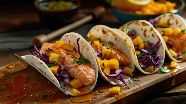 Five delicious salmon tacos with avocado and cabbage garnish, neatly arranged on a wooden serving board.