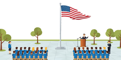 American Flag Waving Above a Public Gathering with a Speaker at a Podium