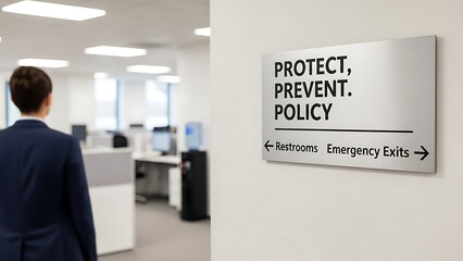 Office Policy and Directional Signage in a Modern Workspace.