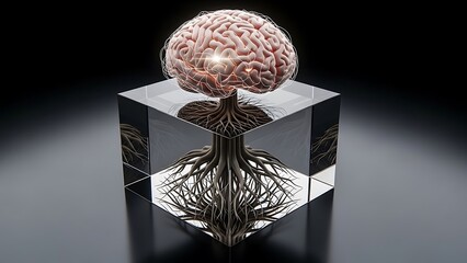 Conceptual artwork depicting a human brain with glowing neural connections rooted deeply within a transparent crystal cube against a dark background symbolizing deep thought