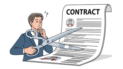 Confused businessman holding large scissors about to cut a formal contract document, concept for termination negotiation, legal dispute and agreement cancellation
