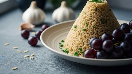 Savory rice pilaf molded into a cone shape garnished with fresh herbs and dark grapes