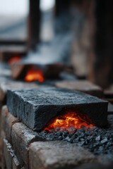 Blacksmith forge with glowing coals and metalwork.