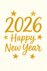 Card design with handwritten inscription 2026 plus golden stars and the inscription happy new year