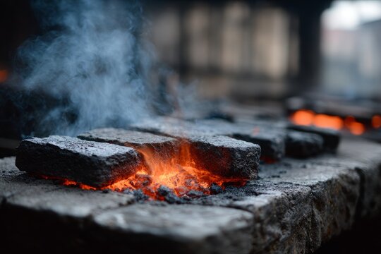 Close-up of burning coals with smoke and intense flames. - Powered by Adobe