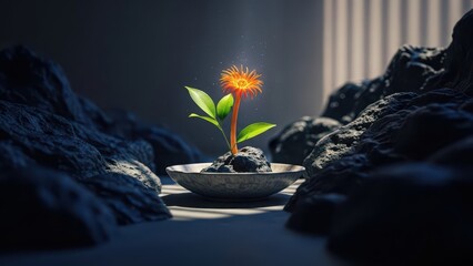A single vibrant orange flower blossoms in a small pot between dark textured rocks with dramatic light