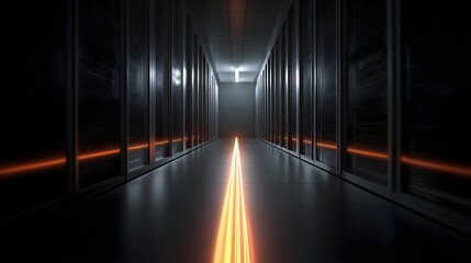 Fototapeta premium Futuristic dark data center corridor with glowing data line, AI network infrastructure and high-tech server environment for cybersecurity, cloud computing and digital connection concepts