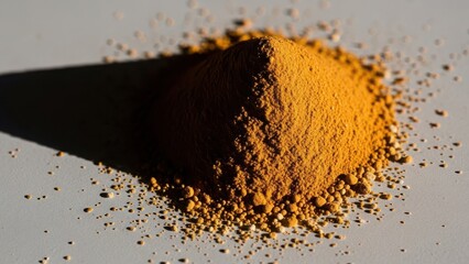 A small pile of vibrant yellow turmeric powder casting a long shadow on a light gray surface