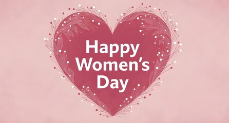 Decorative pink heart, framed with delicate white foliage, displays Happy Women's Day.