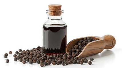 Small glass bottle filled with dark liquid next to a wooden scoop of peppercorns and scattered peppercorns on a white background