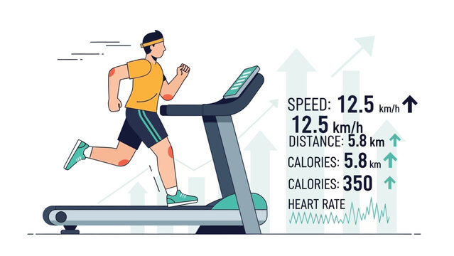 Fit man in athletic wear running on treadmill displaying speed distance and calories burned data, concept for fitness tracking app design, exercise routine visualization and wellness promotion
