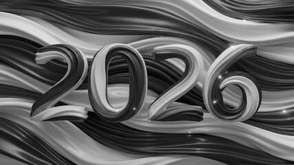 Dynamic 2026 Celebration with Silver Number Balloons and Fluid Background