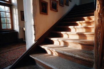 Sunlit wooden staircase in a vintage interior room.