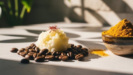 A scoop of creamy white substance rests on a bed of roasted coffee beans with a small bowl of turmeric powder nearby