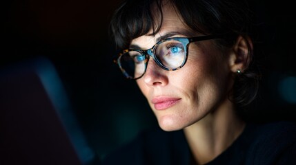 Fototapeta premium Woman wearing glasses working at a computer in an office.
