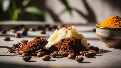 Rich chocolate powder and creamy topping with coffee beans and turmeric spice in a rustic setting
